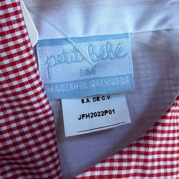 PETIT BEBE BNWT Jon Jon Heart Dump Truck Smocked Romper in Red Check Size 9M - Picture 3 of 6